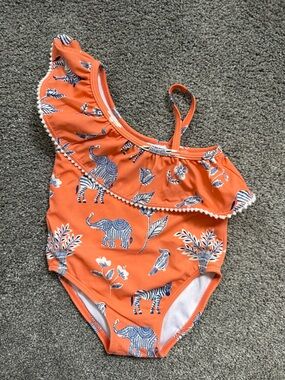 Janie and Jack one-Shoulder Orange Baby Swimsuit with Blue Animal Print